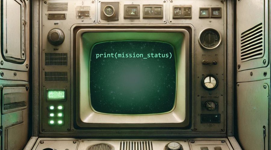 Funkcja print() w Pythonie wyświetlająca dane z satelity i dziennik misji